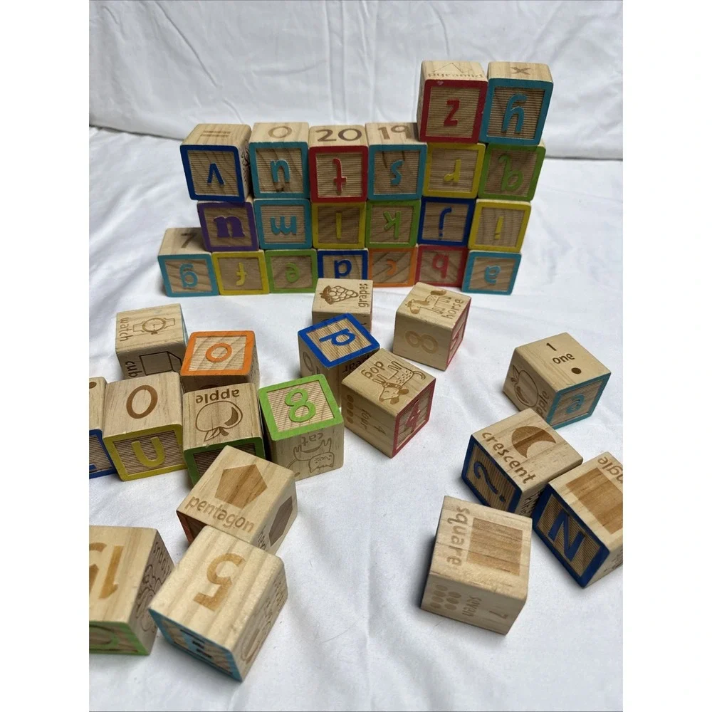 Wooden Alphabet Blocks 40 Pieces With Mesh Storage Bag